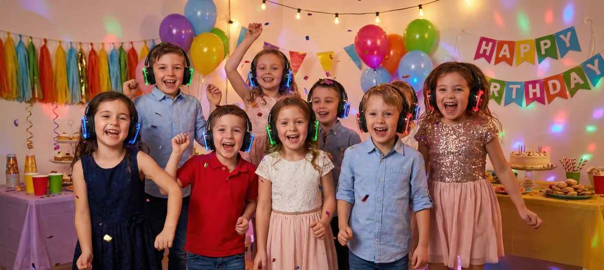 Kids at a birthday party dancing with glowing silent disco headsets