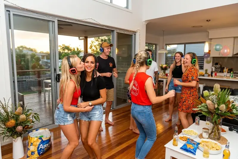 Friends dancing at a house party with silent disco headsets