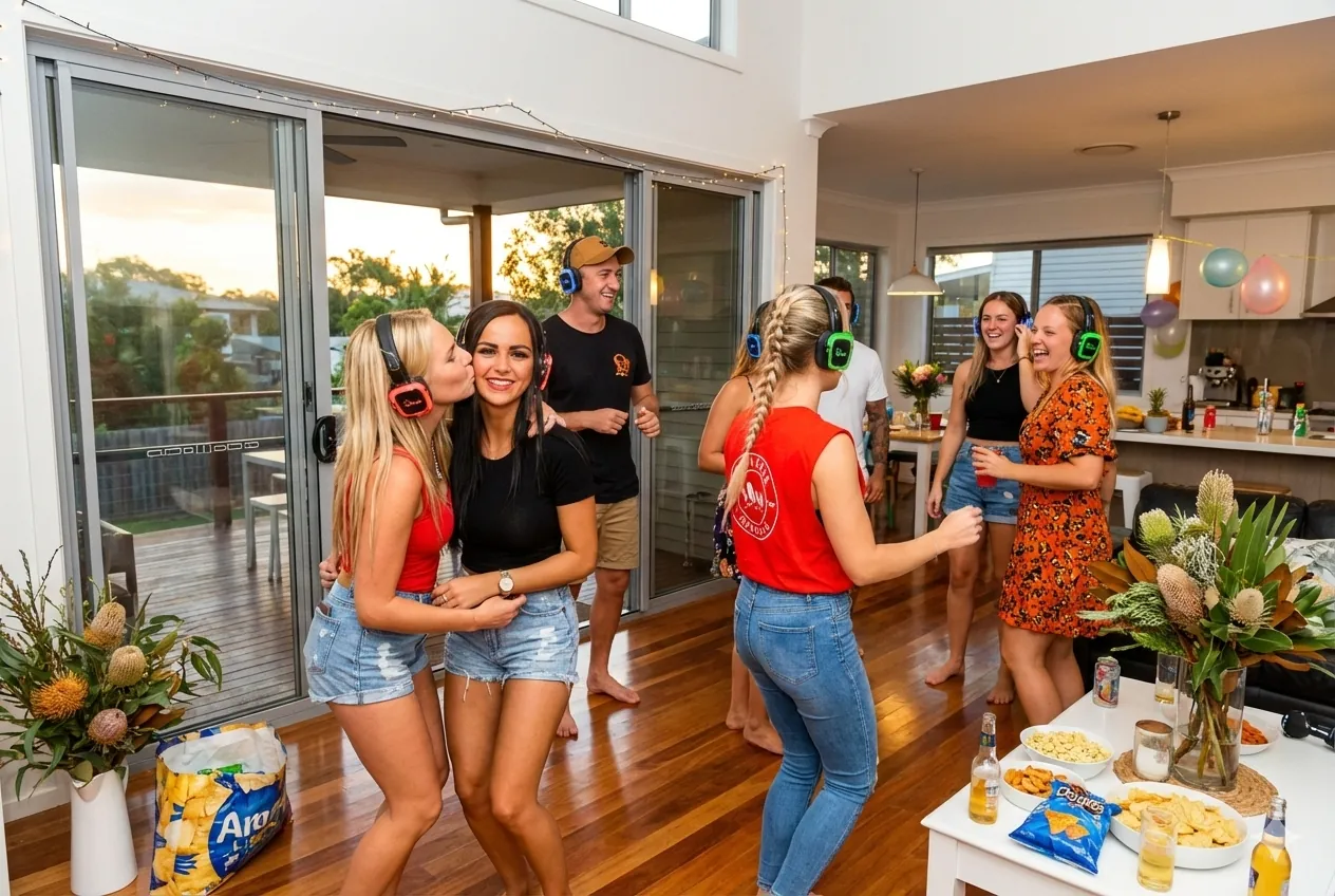 Friends dancing at a house party with silent disco headsets