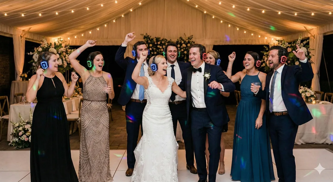 Guests dancing at a wedding with silent disco headsets lit up in three colours