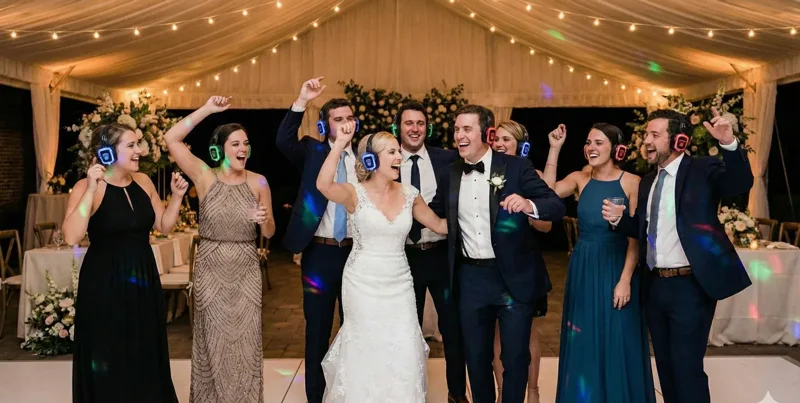 Wedding party dancing together on the dance floor wearing glowing silent disco headsets