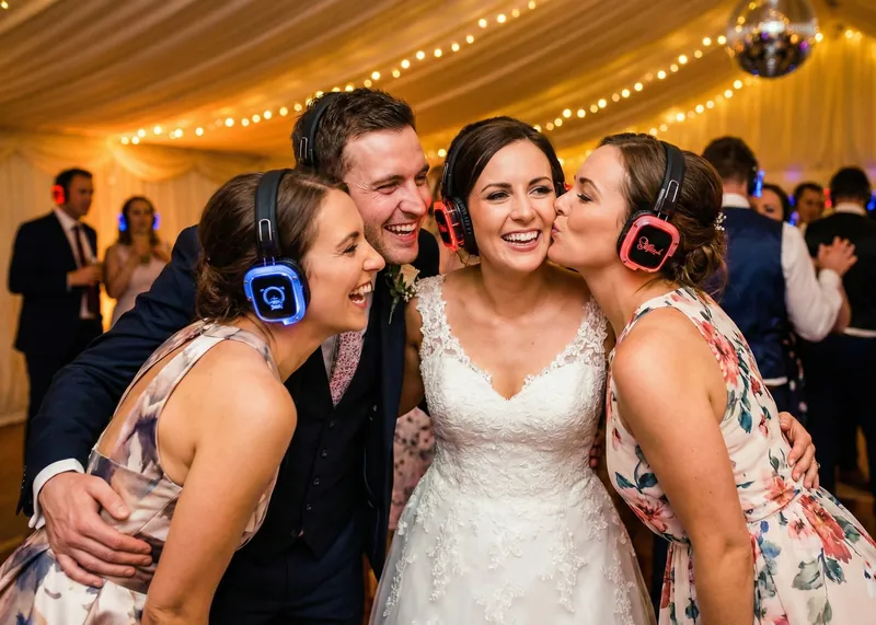 Guests laughing together wearing glowing silent disco headsets